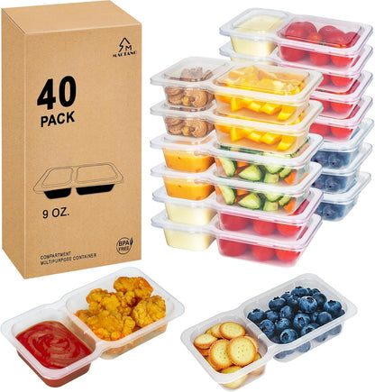 MACTANO Reusable Snack Containers with Lids, 9 oz Double Compartment Plastic Snack Pack Containers Portion Control Meal Prep Snack Boxes BPA Free 10 Sets for Work Travel School