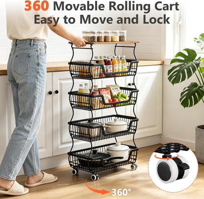 2 Pack 3-Tier Rolling Kitchen Storage Cart Fruit Basket Stand for Vegetables & Snacks Stackable Wire Pantry Floor Organizer with Wheels for Kitchen, Living Room, Bedroom, Office (Black)
