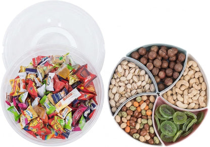 Snack Box with Lid and Handle, Divided Tray Large Round Plastic, Colorful Compartments Serving Box for Biscuit,Candy,Nut,Picnic,Party Food Container, Easy Distinguish Sealed Fruit Organizer Platter
