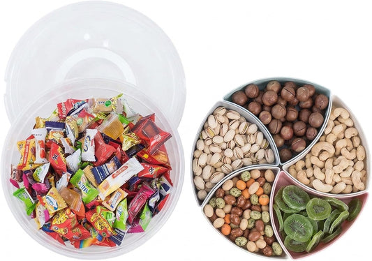 Snack Box with Lid and Handle, Divided Tray Large Round Plastic, Colorful Compartments Serving Box for Biscuit,Candy,Nut,Picnic,Party Food Container, Easy Distinguish Sealed Fruit Organizer Platter