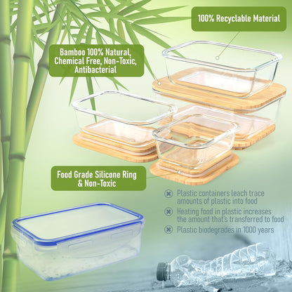 Set of 4 Stackable Space-Saving Nesting Glass Bowls with Airtight Acacia Lids for Lunch, Meal & Food Prep - Microwave & Oven-ready BPA Free Durable Heat Resistant Inert Borosilicate Glass