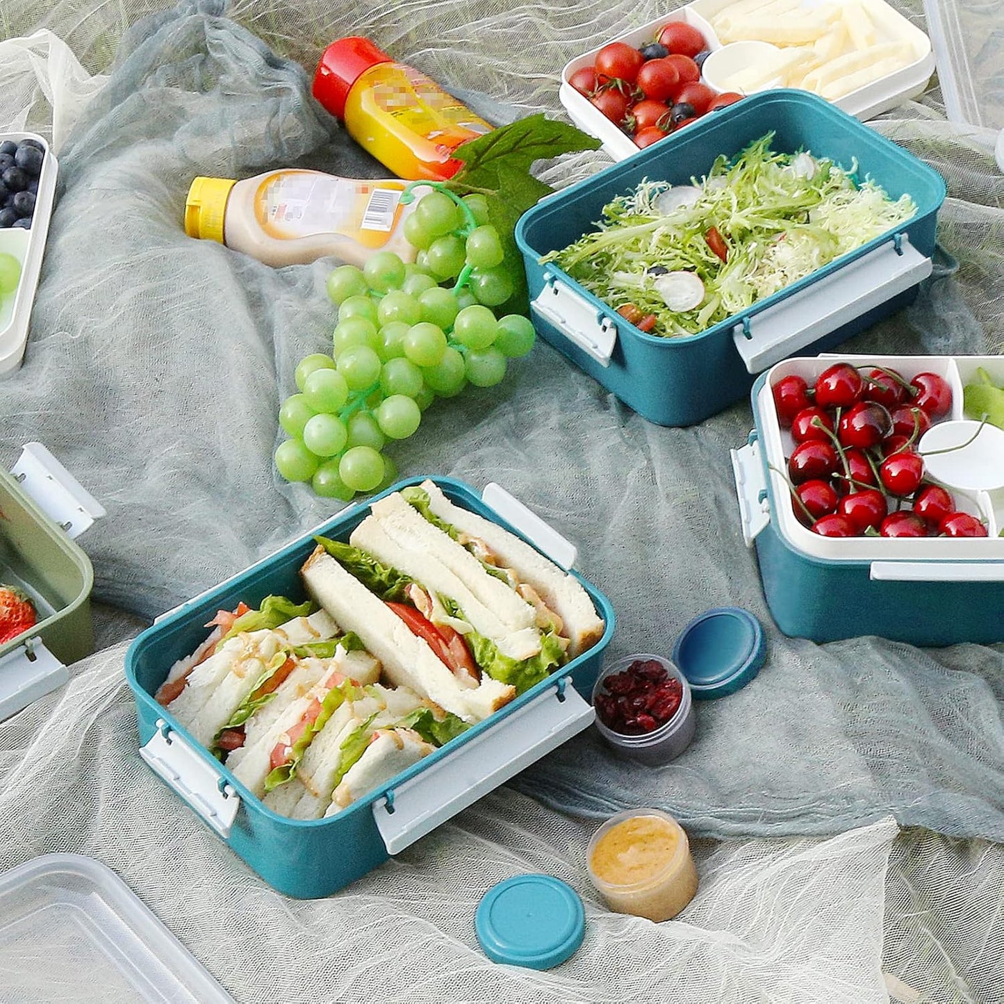 3 Pack Salad Lunch Box Food Storage Containers, 47oz Bento Box To Go Container with Lids, Reusable Meal Prep Containers with Removable Tray & Dressing Pots for Kids and Adults, Microwave Safe