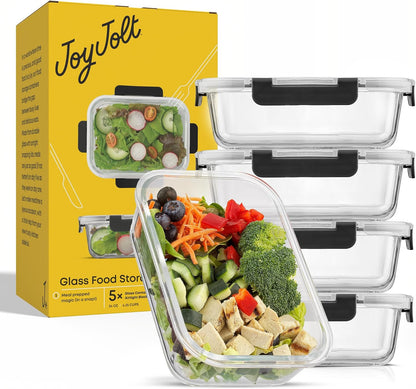JoyJolt Glass Food Storage Containers with Lids. 5 Pack Glass Meal Prep Containers Reusable 35oz Single Compartment Airtight Container Set. Lunch Containers for Adults and Kitchen Storage Containers