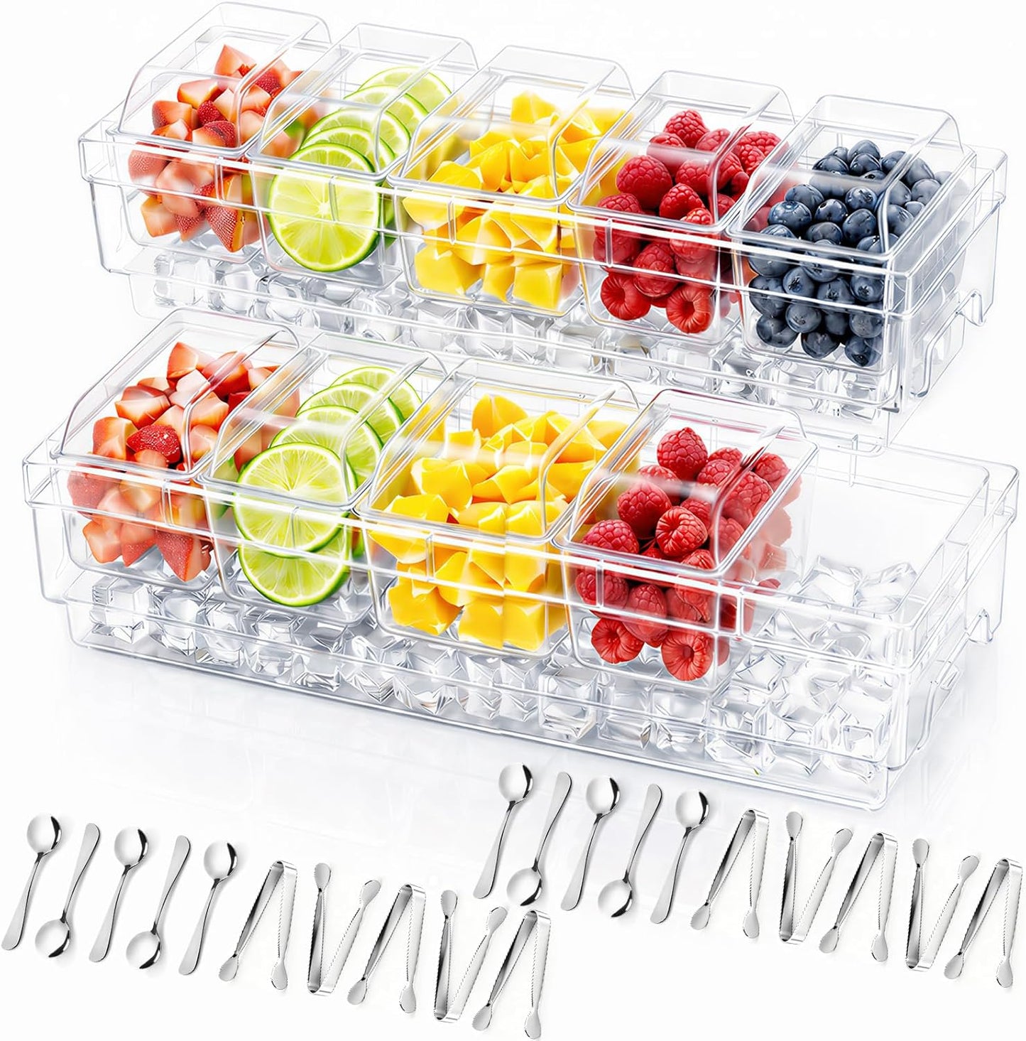 Lifewit Chilled Condiment Containers with Lids 2 Pcs, Plastic Taco Bar Serving Set for Party with 5 Containers, Ice Garnish Tray for Mimosa Bar Supplies, Clear Serving Platter for Fruit, Salad, Snack