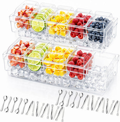 Lifewit Chilled Condiment Containers with Lids 2 Pcs, Plastic Taco Bar Serving Set for Party with 5 Containers, Ice Garnish Tray for Mimosa Bar Supplies, Clear Serving Platter for Fruit, Salad, Snack