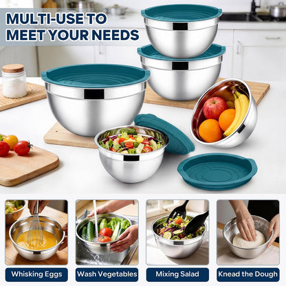 E-far Mixing Bowls With Lids Sets of 5, 10-Piece Stainless Steel Salad Metal Nesting Bowl for Baking Cooking and Prepping, Airtight Lid & Stackable Design, Size 4.6, 3, 2.1, 1.5, 0.7 QT, Black