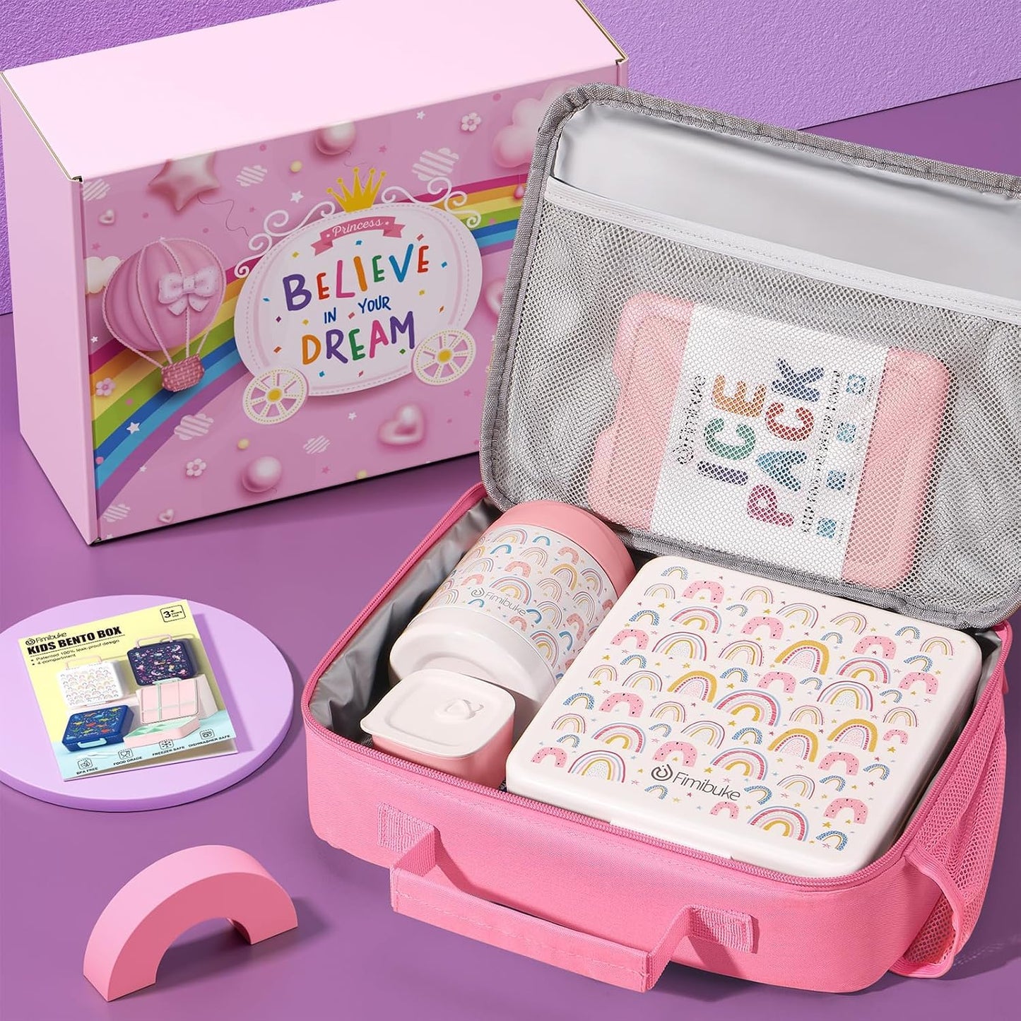 Fimibuke Kids Bento Snack Lunch Box with 4 Compartment, Insulated Lunch Bag, Stainless Steel Vacuum Thermo Food Jar, Ice Pack, Utensils Set, Birthday Gifts for Age 3-12 Back to School Toddler Girl Boy