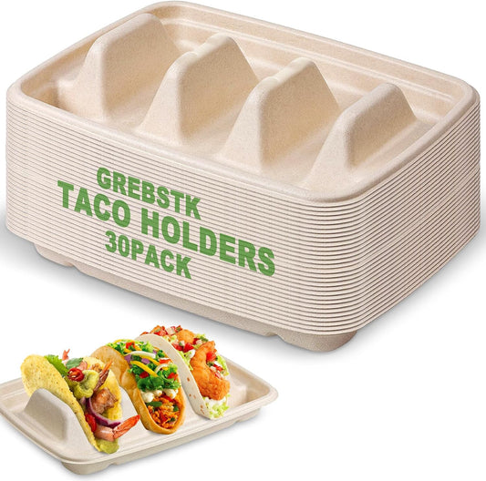 GREBSTK 30 Pack Disposable Taco Holders, Compostable Bagasse Pulp Taco Plates with 3 Dividers for Taco Tuesday Party, Lazy Susan Bar Serving Set for Tacos, Hot Dogs, Sandwiches
