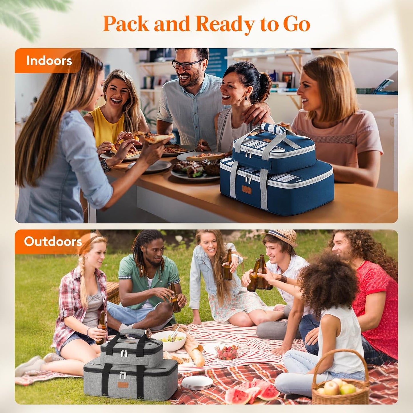 Lifewit Duo Insulated Casserole Carrier for Hot or Cold Food, Lasagna Holder 2 Compartments, Thermal Lunch Tote for Potluck Parties Cookouts, Fits 9"x13" Casserole Dish, Gray