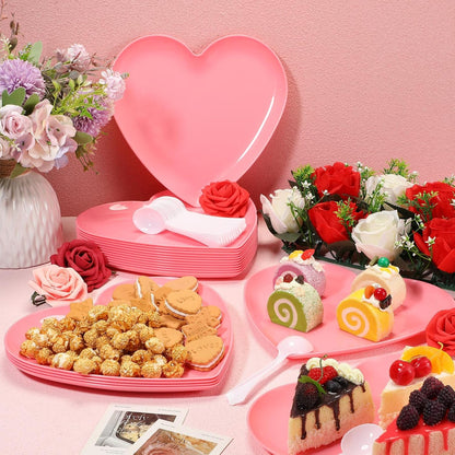 Layhit 38 Pieces Valentines Heart Shaped Plates Spoon Set Include 18 Pcs 10 Inch Valentines Day Heart Shaped Food Tray 20 Pcs Plastic Spoon Salad Dessert Plate for Party Supplies(Red)