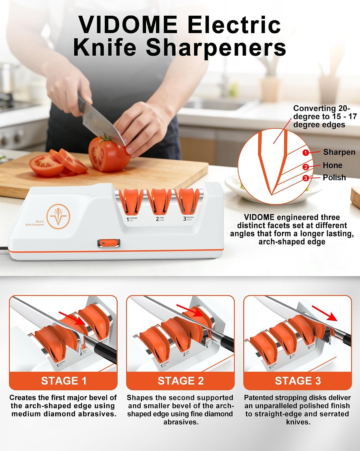 VIDOME Professional 3-Stage Electric Knife Sharpener