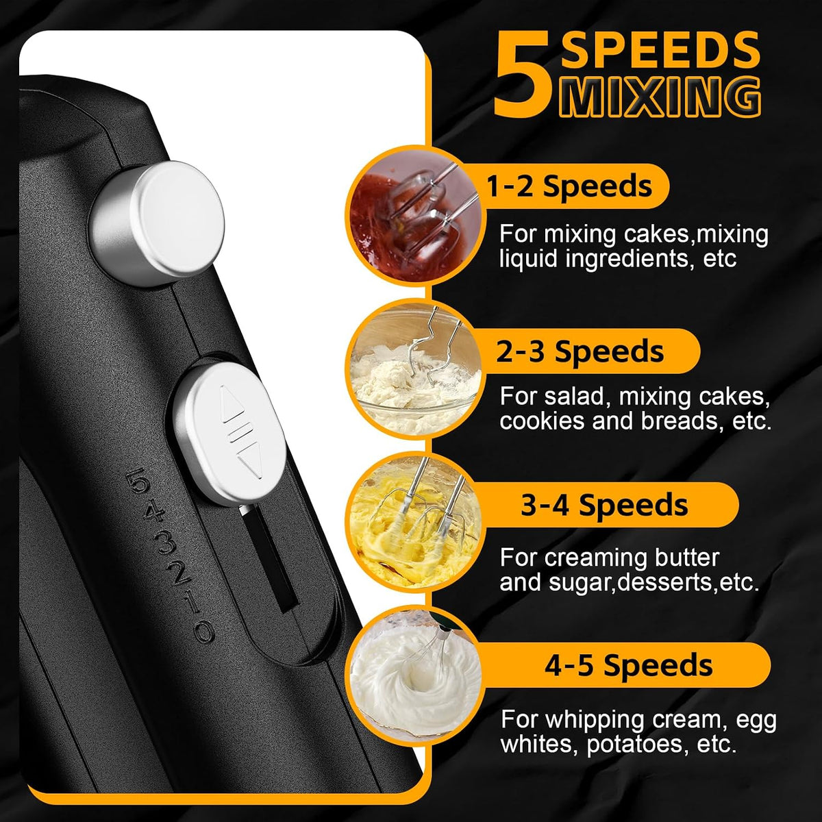 5-Speed Small Hand Mixer Electric, 300W Compact Portable, Black