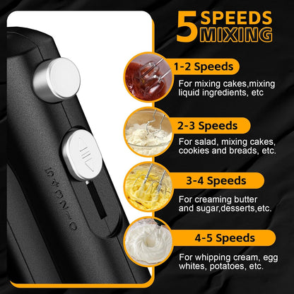 5-Speed Small Hand Mixer Electric, 300W Compact Portable, Black