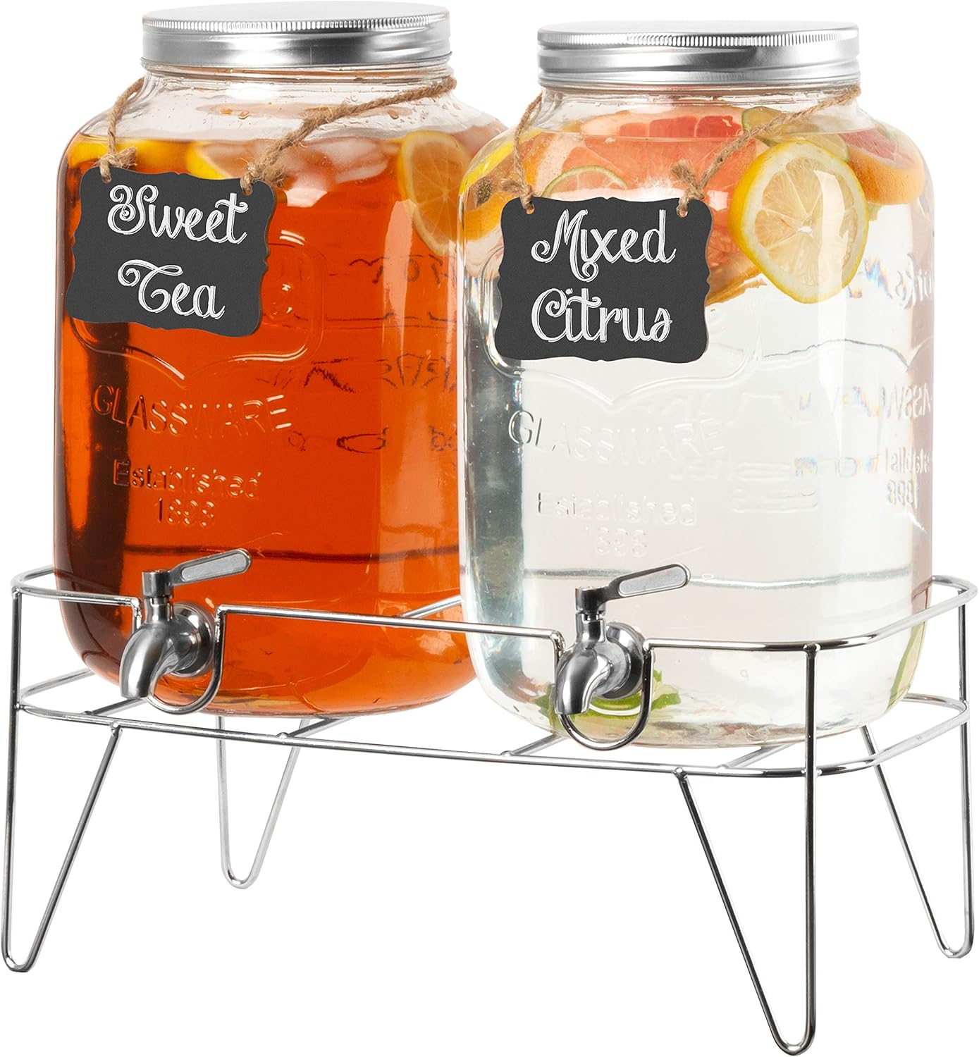 Ilyapa 2 Gallon Glass Beverage Dispenser, Metal Base, Stainless Steel Spigot & Hanging Chalkboard - for Lemonade, Tea, Cold Water & More