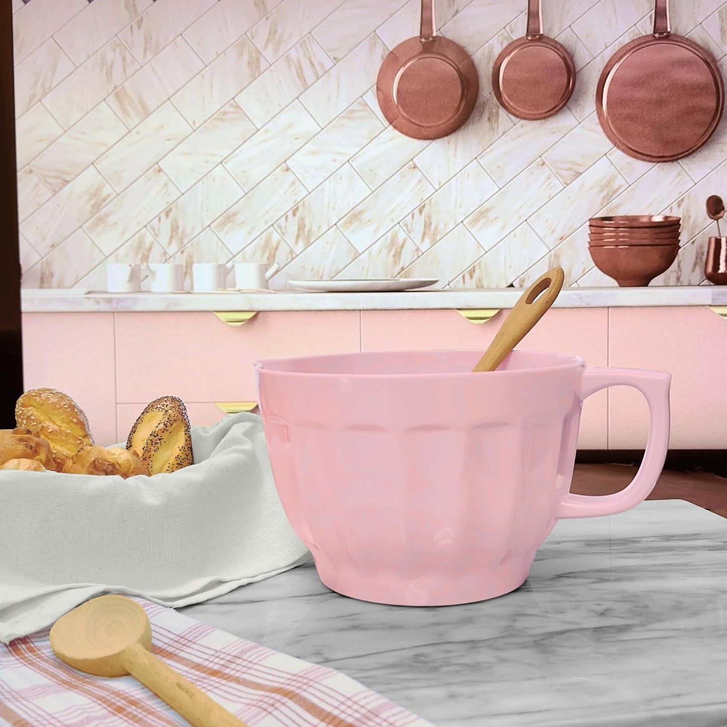 UP 4.3 Quart Latte Style Melamine Batter Bowl with Pour Spout and Handle, Professional Mixing Bowl with Non-Slip Base, Ideal for Pancake and Cake Batter, 11.5 x 8.75 Inch, Mint Blue