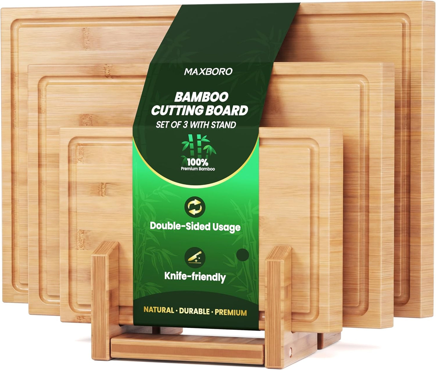Bamboo Cutting Board Set with Stand, 3PCS Double-Sided Chopping Boards for Kitchen Meal Prep & Serving, Charcuterie, Juice Grooves & Side Handle, Ideal for Meat, Vegetables, Kitchen Essentials, Brown