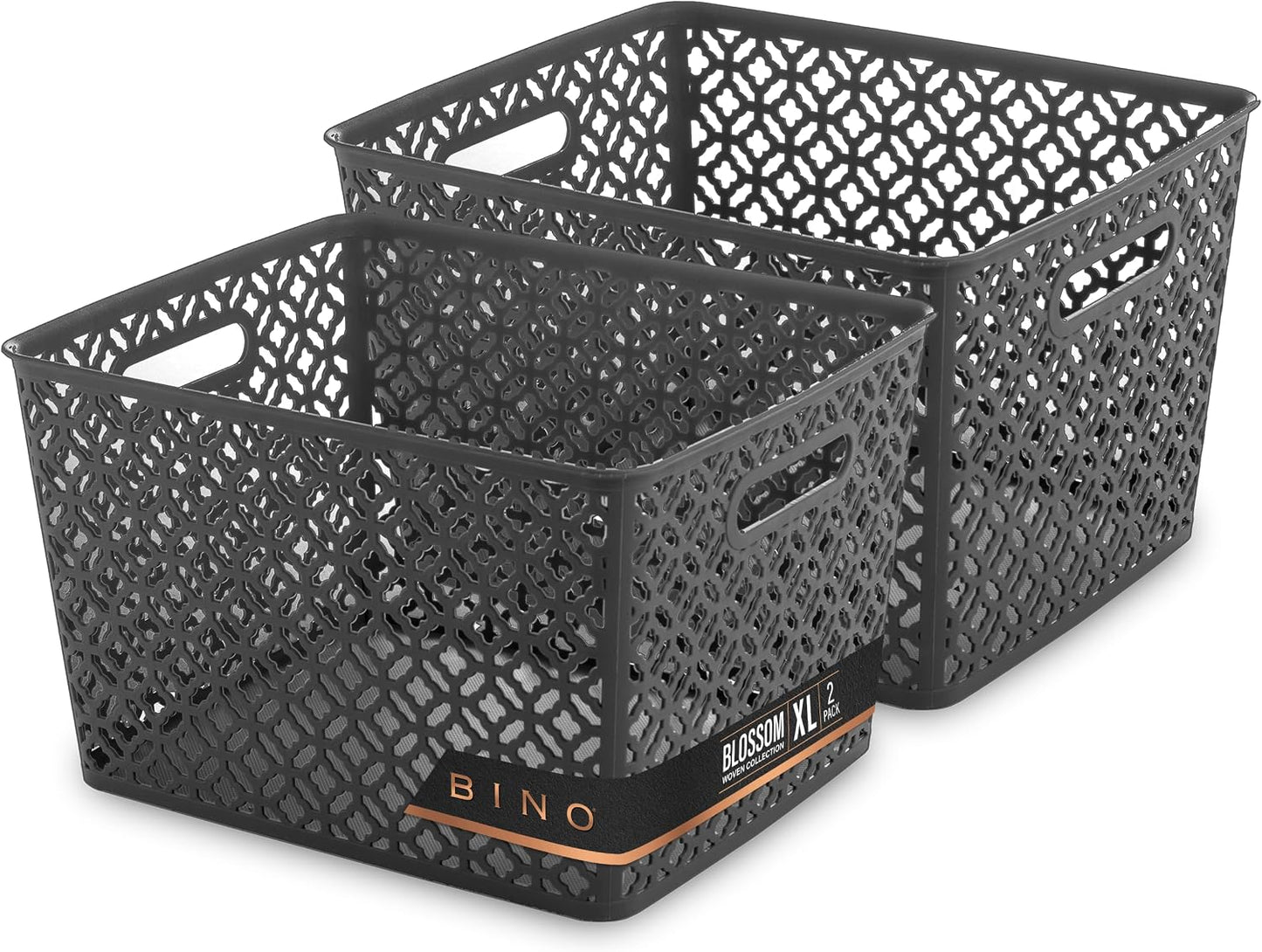 BINO l Plastic Storage Baskets, Large - Grey l THE BLOSSOM COLLECTION l Multi-Use Organizer Bin l Built-in Handles l Plastic Woven Basket for Organizing l Pantry & Home Organizing Basket