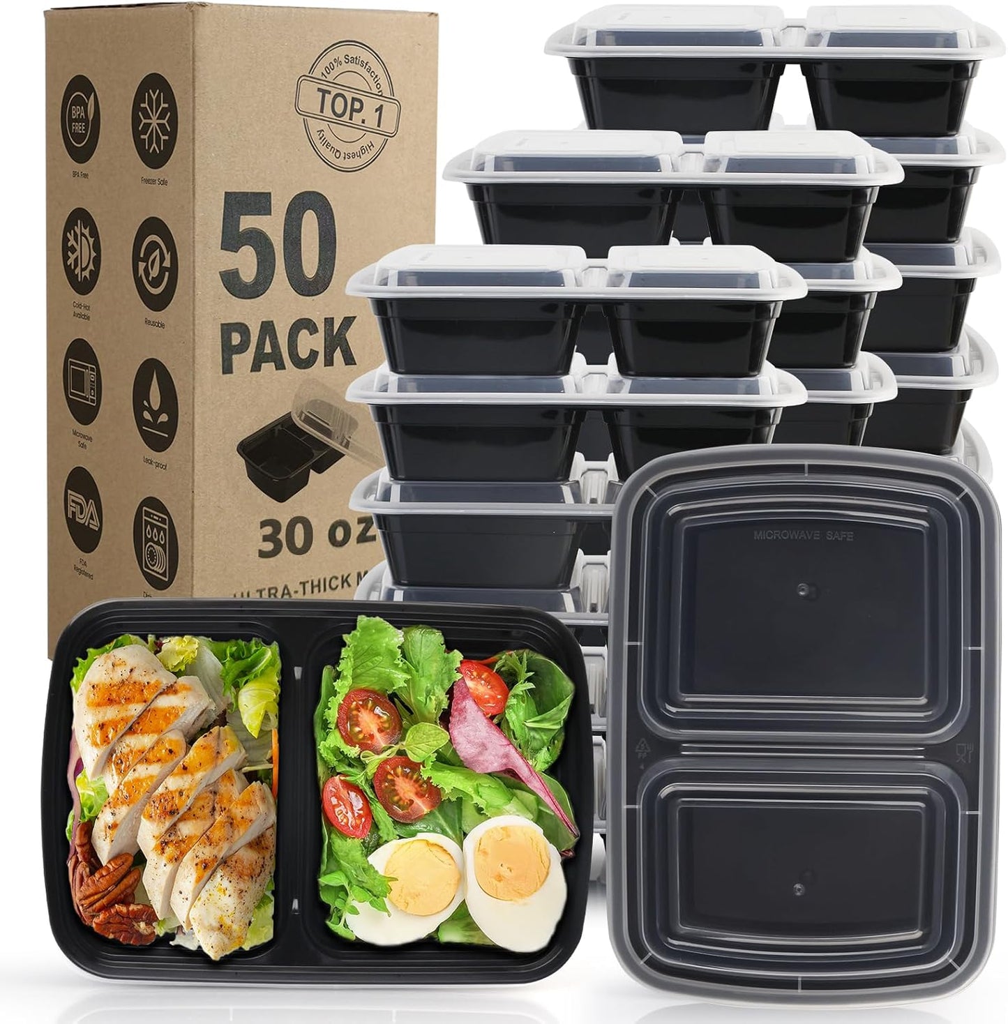 WGCC Meal Prep Containers 2 Compartment- 50Pack 30OZ Food Prep Containers With Lids, Disposable To Go Food Containers, Take Out, Stackable, Leakproof & Food Safe, Microwave, Freezer, Dishwasher Safe