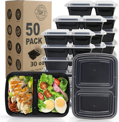 WGCC Meal Prep Containers 2 Compartment- 50Pack 30OZ Food Prep Containers With Lids, Disposable To Go Food Containers, Take Out, Stackable, Leakproof & Food Safe, Microwave, Freezer, Dishwasher Safe