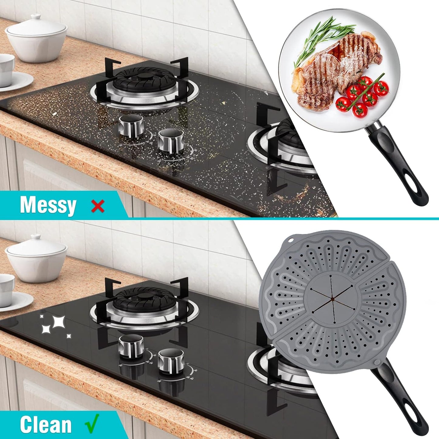 Foldable Silicone Splatter Screen for 10-12" Pans, BPA-Free, Gray | Foldable Splash Guard, Multi-Use Grease Splatter Guard/Trivet Mat,Non-Stick Oil Splatter Guard, Dishwasher Safe