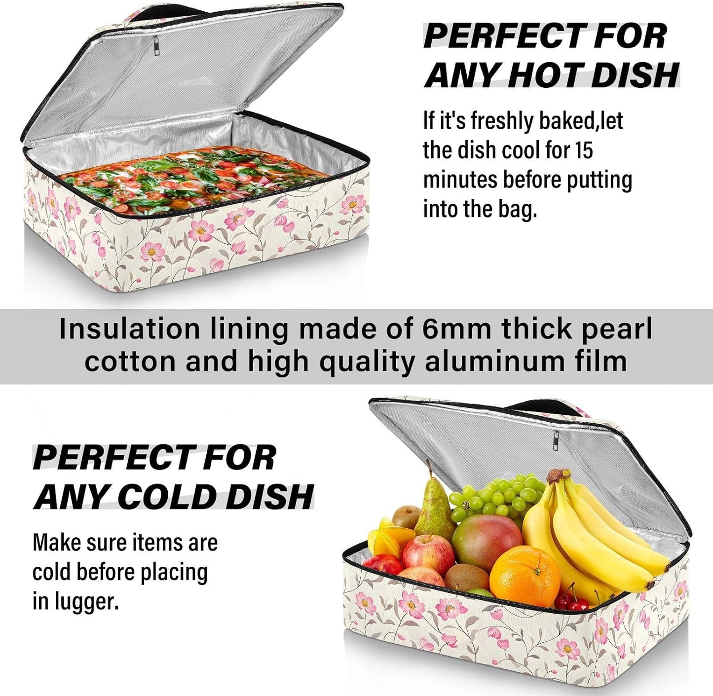 Casserole Carrier Insulated Floral Pink Flower Dish 9x13 with Lid Party Travel Warmer Bag for Hot or Cold Food Lasagna Pizza Holder Tote