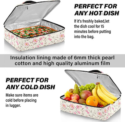 Casserole Carrier Insulated Floral Pink Flower Dish 9x13 with Lid Party Travel Warmer Bag for Hot or Cold Food Lasagna Pizza Holder Tote
