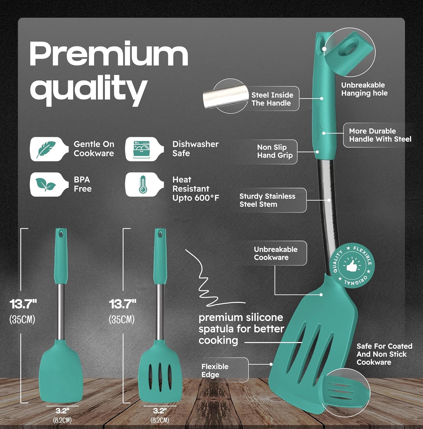 BakeRoyal Silicone Spatula Set - Turner Spatulas Silicone Heat Resistant 600°F - Slotted & Solid Spatula for Cooking Fish, Eggs, Pancakes Flipper – Spatulas for kitchen use – Black