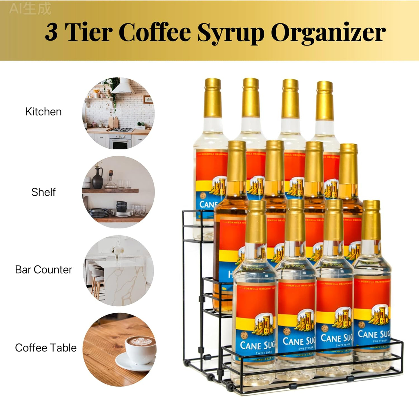 8 Bottles Coffee Syrup Rack Organizer, Coffee Syrup Stand Holder, 2 Tier Coffee Syrup Organizer for Coffee Bar Station, Wine Rack for Countertop, Bottle Display Shelf for Cocktail, Dressing