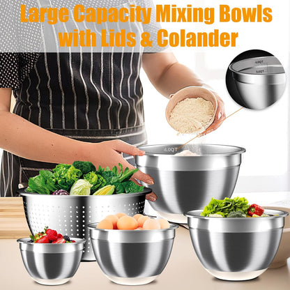 Mixing Bowls with Lids Set, 16PCS Stainless Steel Mixing Bowls,Nesting Storage Bowls for Kitchen with Mixing Bowls Set, Colander, Strainer & Grater , Metal Salad Bowl for Kitchen Gadgets , Cream