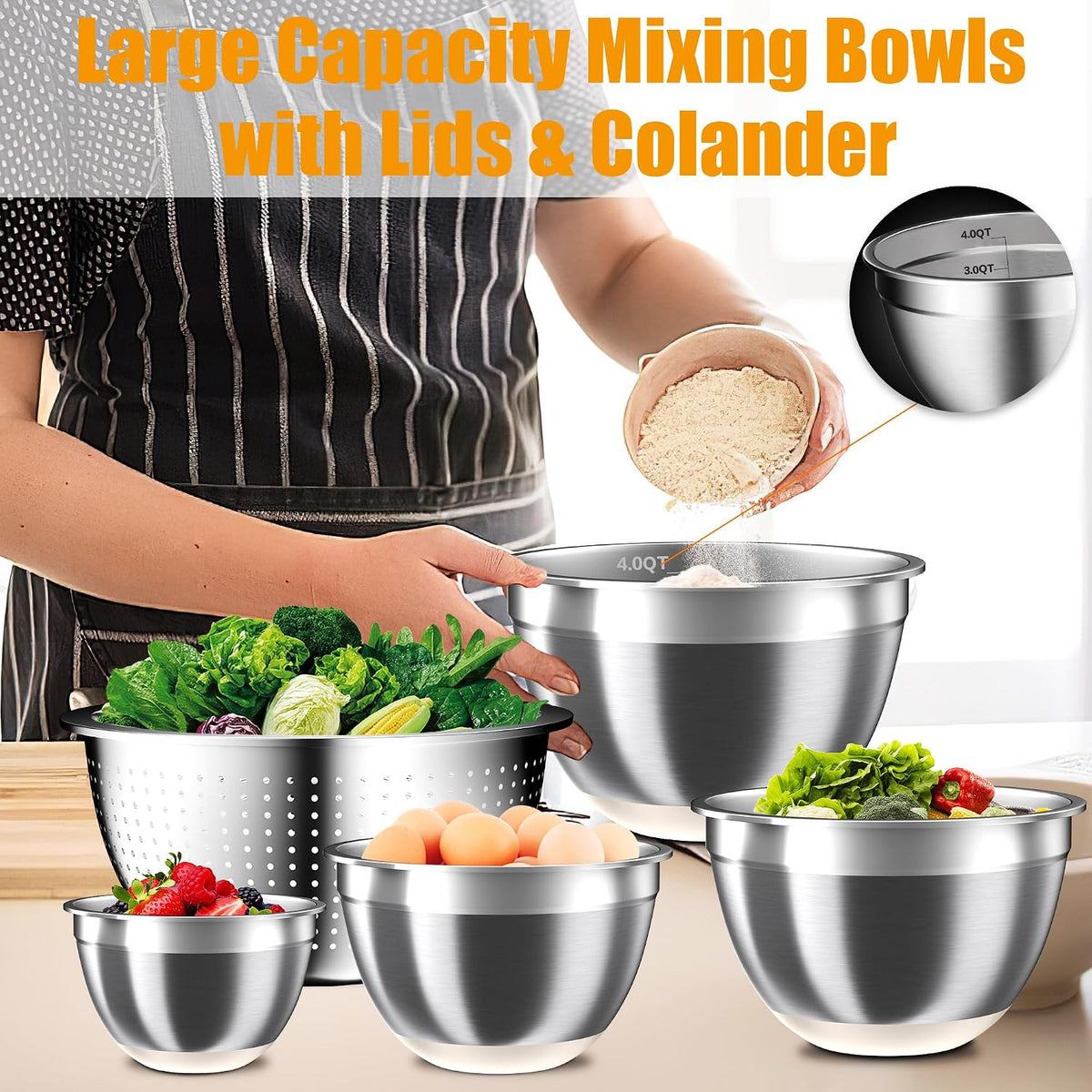Mixing Bowls with Lids Set, 16PCS Stainless Steel Mixing Bowls,Nesting Storage Bowls for Kitchen with Mixing Bowls Set, Colander, Strainer & Grater , Metal Salad Bowl for Kitchen Gadgets , Cream