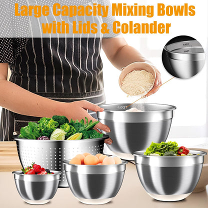 Mixing Bowls with Lids Set, 16PCS Stainless Steel Mixing Bowls,Nesting Storage Bowls for Kitchen with Mixing Bowls Set, Colander, Strainer & Grater , Metal Salad Bowl for Kitchen Gadgets , Cream