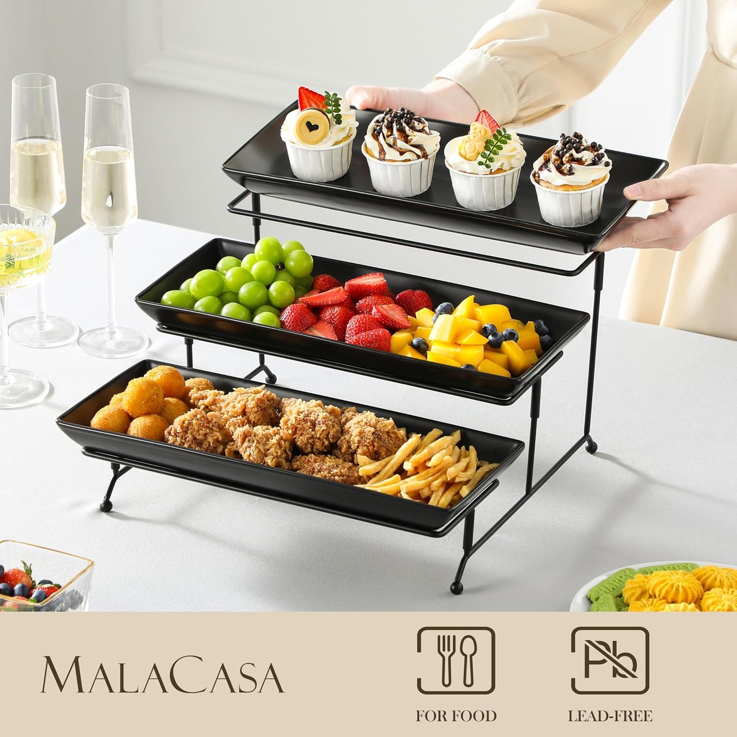 MALACASA 3 Tier Serving Trays for Party, Porcelain Serving Platters and Trays, 12 Inch Tiered Tray Stand, Fruit Tray, Trays for Serving Food, White Dessert Stand with Collapsible Sturdier Metal Rack