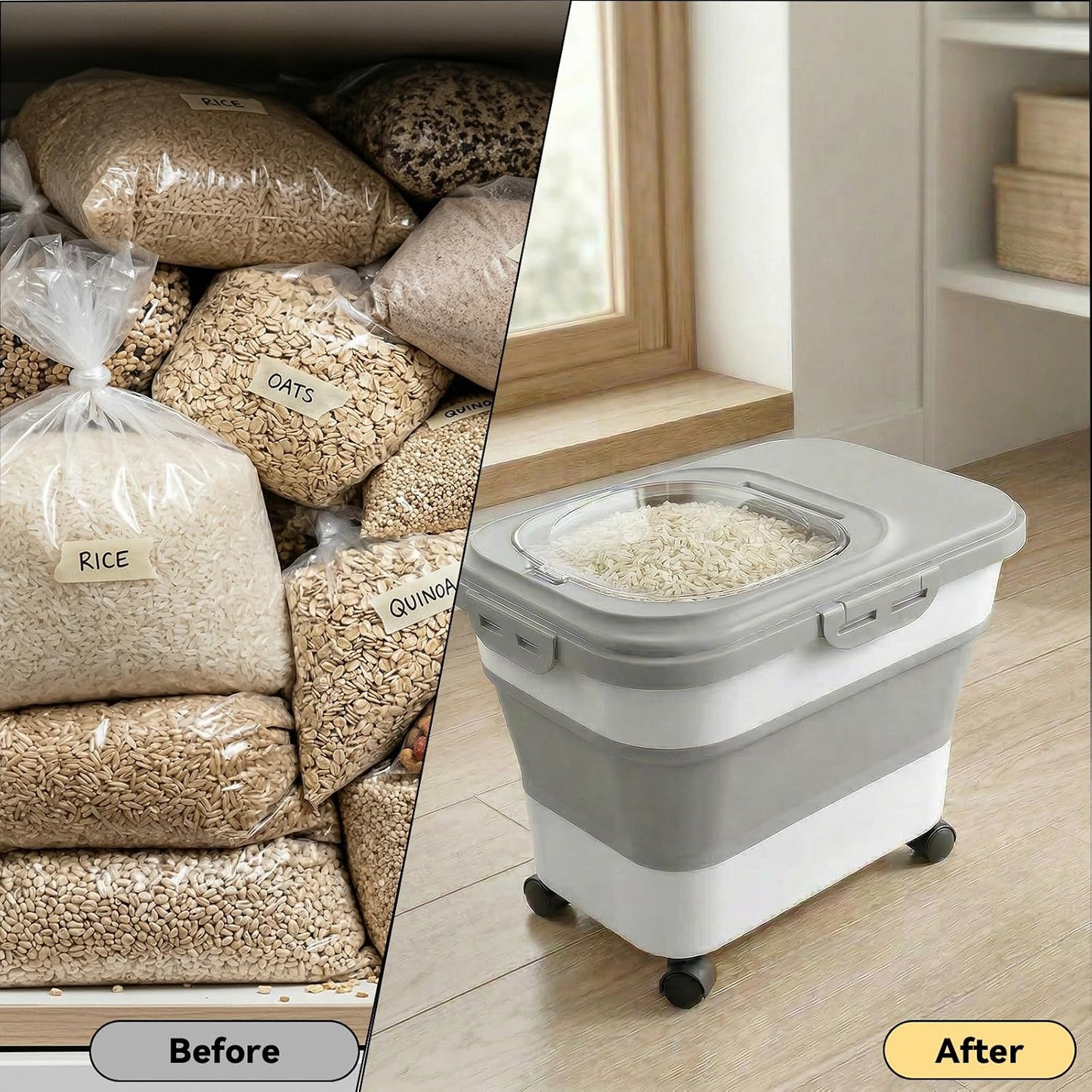 Rice Storage Container Collapsible 20-28 Lbs Food Storage Container with Rolling Wheels and Clear Airtight Lid. BPA Free Flour for Storing Rice, Flour, and Cat Dog Food Storage Container (Pink)