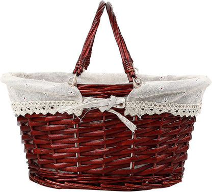 KINJOEK 2 Packs Wicker Woven Basket, 13" x 9" x 4.8" Multipurpose Natural Willow Basket with Handle Premium Linen Cotton Cloth Lining for Storage and Decoration, Natural