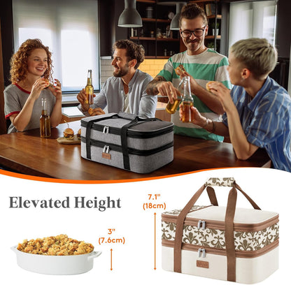 Lifewit Insulated Double Decker Casserole Carrier, Expandable Lasagna Lugger Tote Bag for Hot or Cold Food, Fits 9" x 13" Baking Dish for Potluck Parties, Picnic and Cookouts, Grey-Geometric