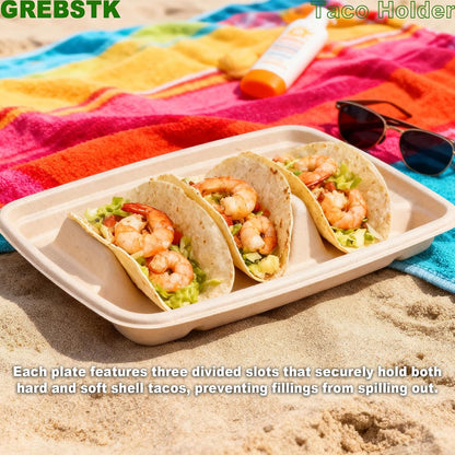 GREBSTK 30 Pack Disposable Taco Holders, Compostable Bagasse Pulp Taco Plates with 3 Dividers for Taco Tuesday Party, Lazy Susan Bar Serving Set for Tacos, Hot Dogs, Sandwiches