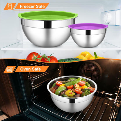 LIANYU Stainless Steel Mixing Bowls Sets of 6, Large 7, 3.5, 2.5, 2, 1.5, 1QT Size with Transparent Airtight Lids, Metal Nesting Serving Bowl Sets for Home Kitchen, Dishwasher & Freezer Safe, Black