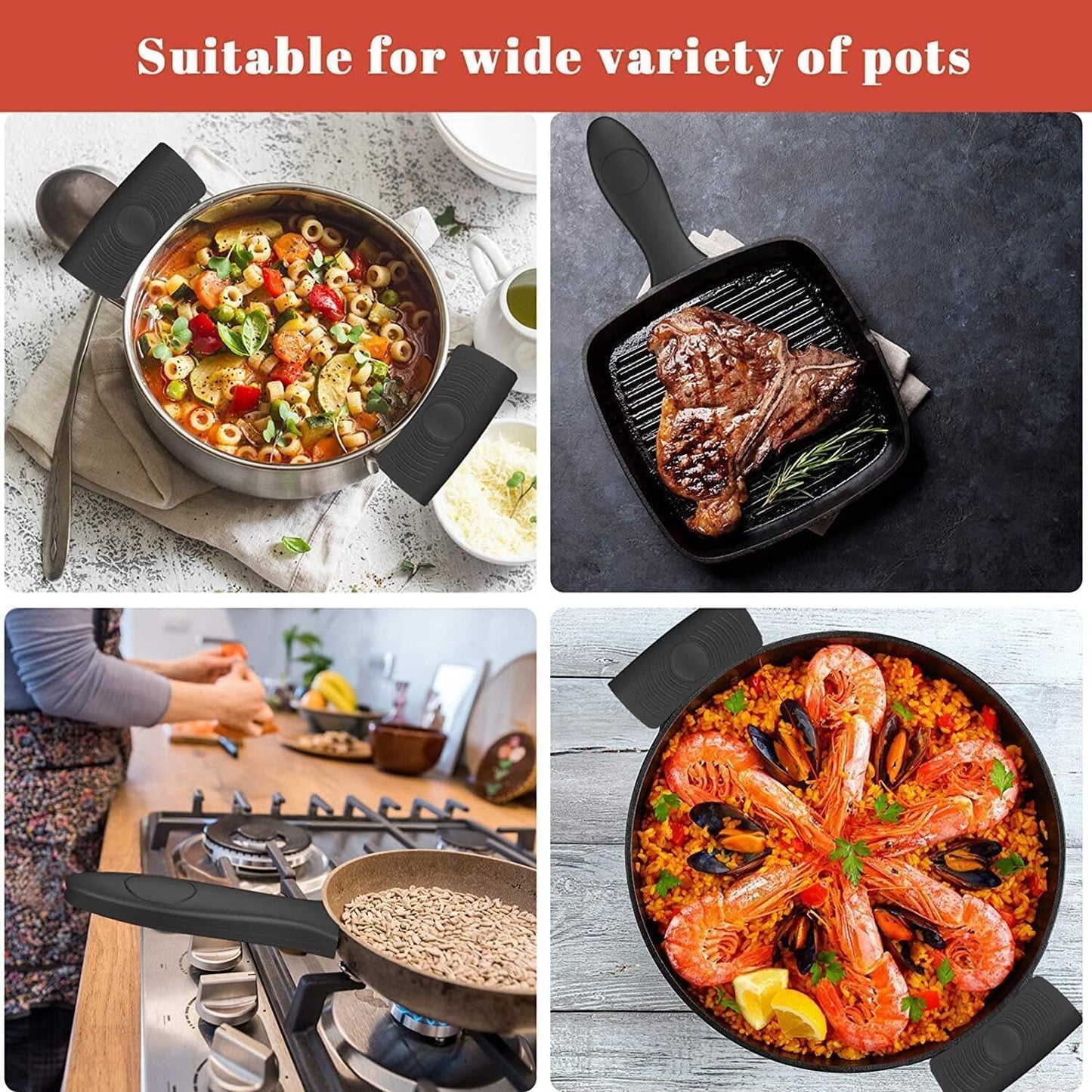 4 Pack Silicone Hot Skillet Handle Holder and Pot Holders Cover Sleeve, Heat Resistant Cast Iron Potholder Protectors Grip, Anti-Spill Non-Slip Cookware Handles for Pans,Oven (Black)