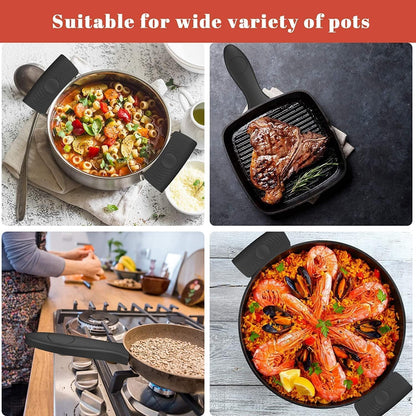 4 Pack Silicone Hot Skillet Handle Holder and Pot Holders Cover Sleeve, Heat Resistant Cast Iron Potholder Protectors Grip, Anti-Spill Non-Slip Cookware Handles for Pans,Oven (Black)