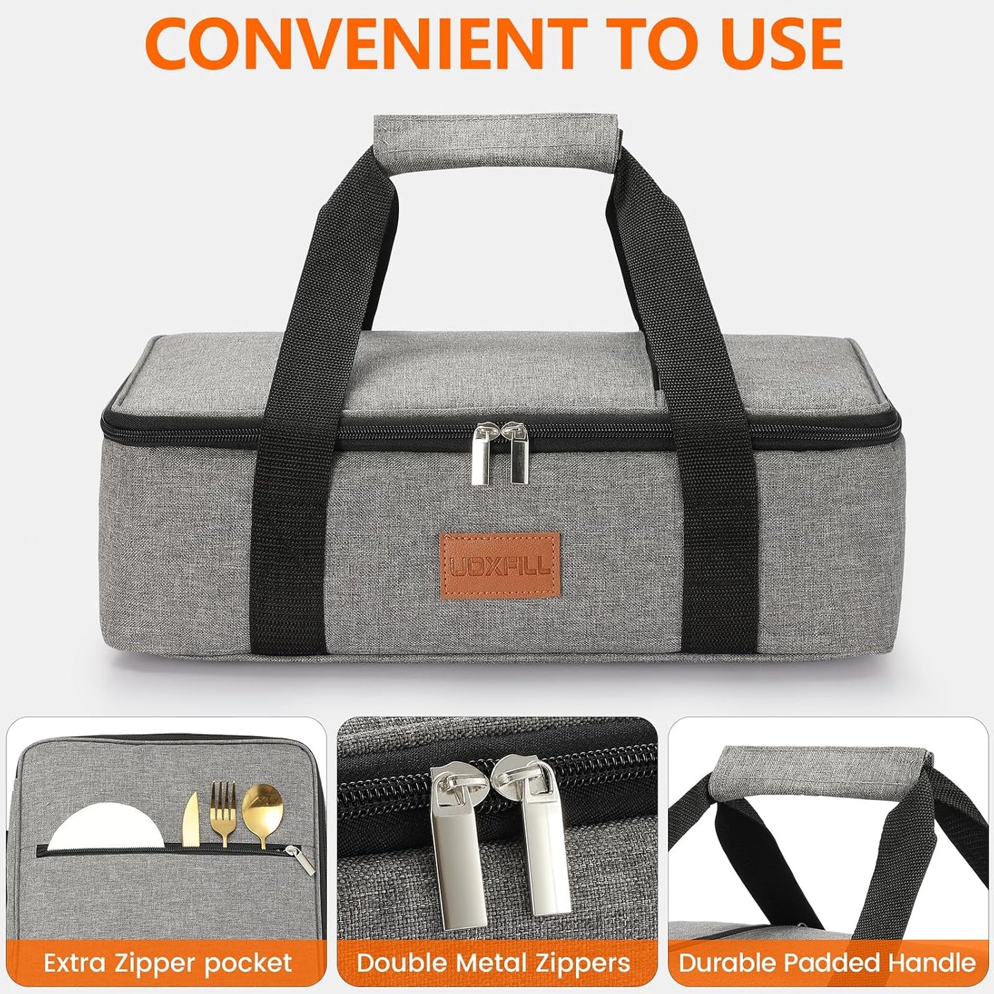 Lunch Bag Insulated Thermal Food Carrier Insulated Double Decker Casserole Carrier for Hot or Cold Food,Insulated Tote Bag for Potluck Cookouts Picnic,Lasagna Holder,Fits 9"x13" Baking Pan,Gray