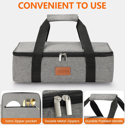 Lunch Bag Insulated Thermal Food Carrier Insulated Double Decker Casserole Carrier for Hot or Cold Food,Insulated Tote Bag for Potluck Cookouts Picnic,Lasagna Holder,Fits 9"x13" Baking Pan,Gray