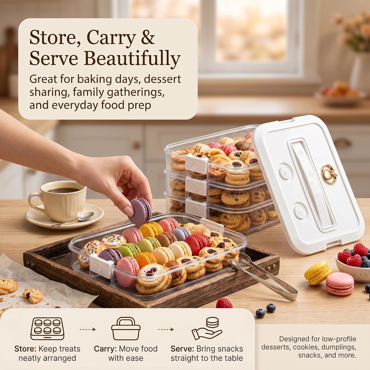 LOEZ 4 Tier Stackable Food Storage Containers, Clear Baked Goods Container for Cookies, Muffins, Macarons and Pizza, Dessert Carrier with Lid (White)