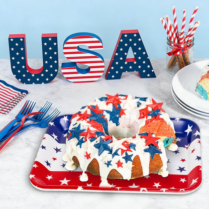 JarThenaAMCS 3PCS Patriotic Serving Trays Reusable Serving Dishes Red Blue White 4th of July Star Melamine Platter for Outdoor Party Independence Day Serving Food Snacks Fruits Dessert