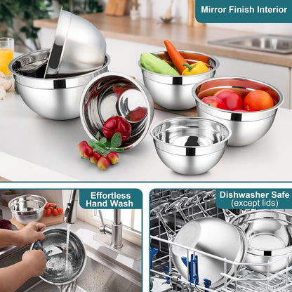 LIANYU Stainless Steel Mixing Bowls Sets of 6, Large 7, 3.5, 2.5, 2, 1.5, 1QT Size with Transparent Airtight Lids, Metal Nesting Serving Bowl Sets for Home Kitchen, Dishwasher & Freezer Safe, Black