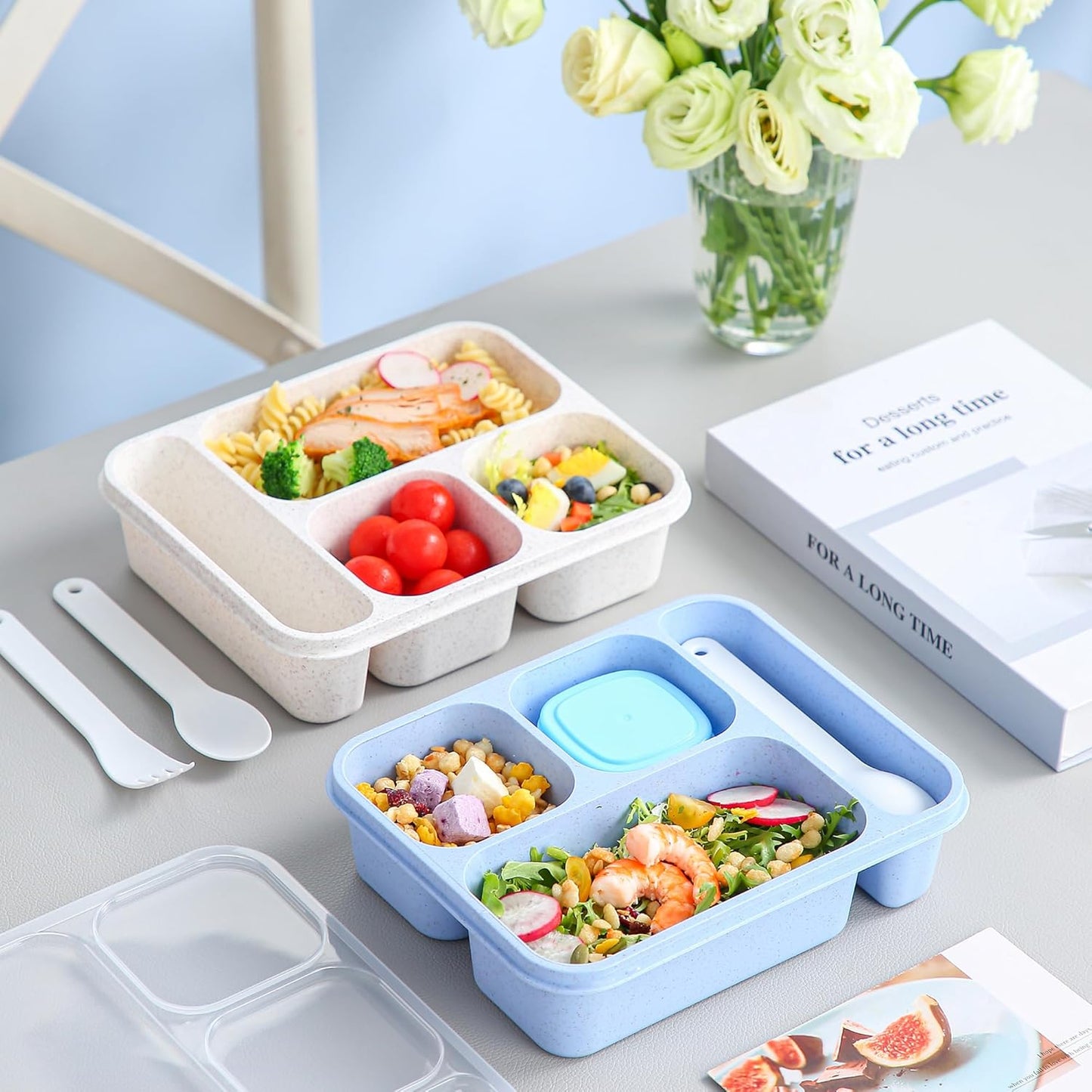 TOUWMX 36OZ Bento Box for Kids Lunchable Container with Utensils & Dressing Container, Reusable 4 Compartments Meal Prep Containers Bento Lunch Box Snackle Box Container 4 Pack Snack Containers