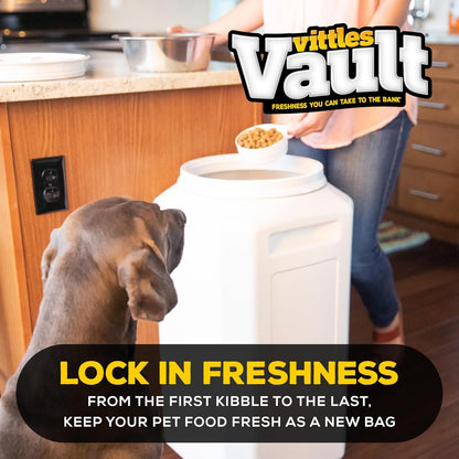 Vittles Vault Traditional Pet Food Storage Container For Dog Kibbles/Bird Seed/Oatmeal/Rice/Flour/Cereal, BPA Free Plastic, Sealed Airtight For Cat Food, Up To 30 lb, Made in USA, With Scoop, Gray