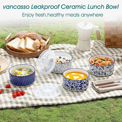 vancasso Ceramic Nesting Bowls with Lids Set of 4, Serving Bowls for Food Storage, Prep Bowl, Ceramic Bowl for Kitchen, Microwave & Dishwasher Safe, 60+36+20+10 Oz, Series SELENE