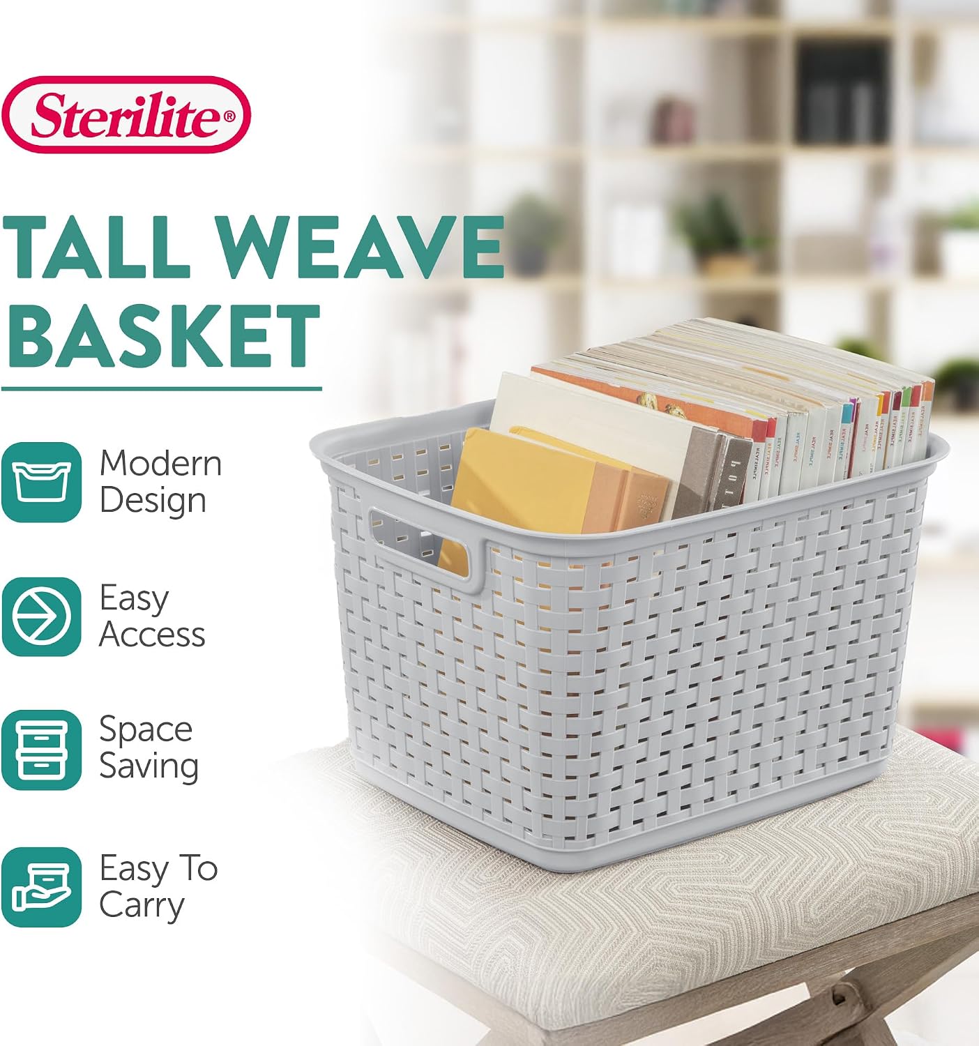 Sterilite 6-Pack Tall Weave Basket, Woven Plastic Storage Baskets for Organization, Cement Gray - Organizing Bin Containers with Handles for Bedroom, Bathroom, Dorm, Laundry Room, and Closet