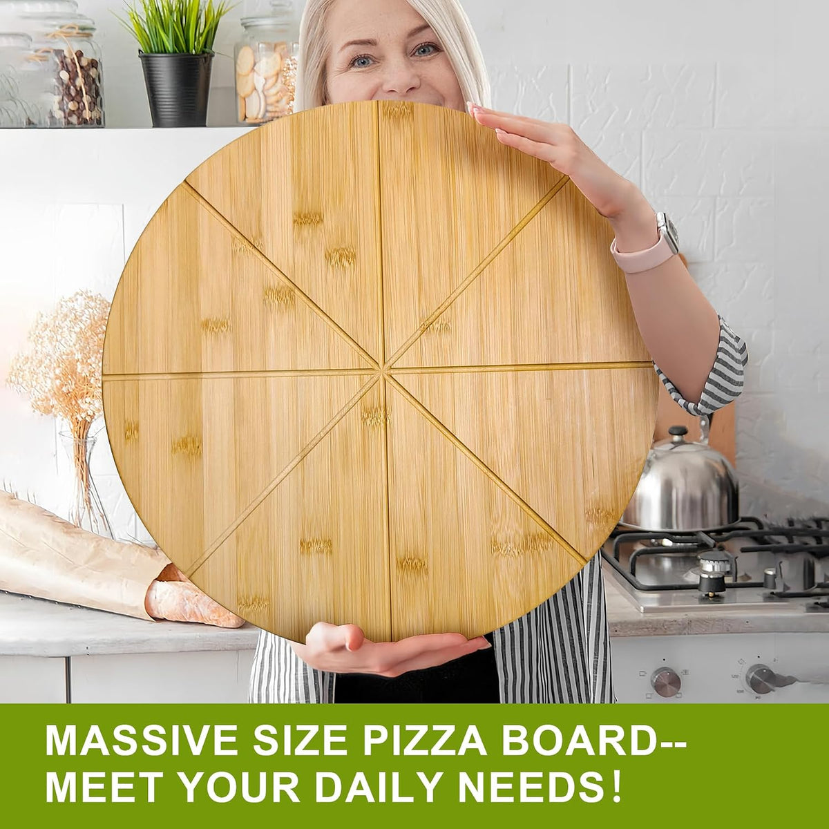 16inch Pizza Cutting Board Round Large Bamboo Wooden Prep Platter Tray