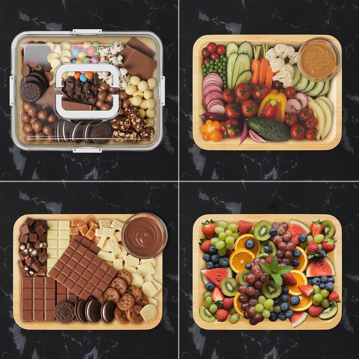 SpaceAid Charcuterie Board with Clear Lid, Portable Travel Cheese Cutting Boards for Picnic Accessories, Bamboo Serving Tray with Lids, House Warming Gifts, Black Handles, 8 Compartments